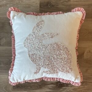 Rabbit Pillow Sequin Pink Trim Velour Easter Spring Cottage Farmhouse